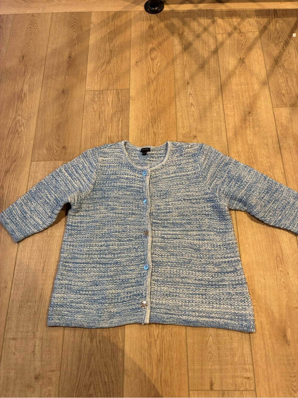 J Jill Wearever light Blue Marled Knit buttonCardigan Sweater cotton 3/4 sleeve